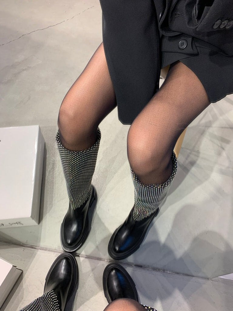 Black Shiny Glitter Flat Boots