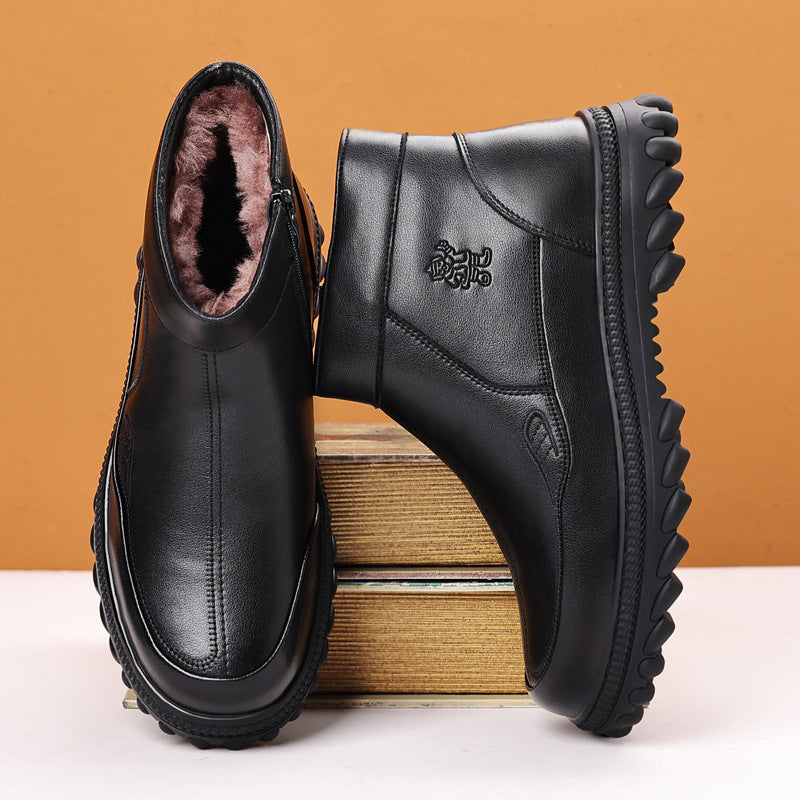 Leather Thick-Sole Fleece-Lined Ankle Boots