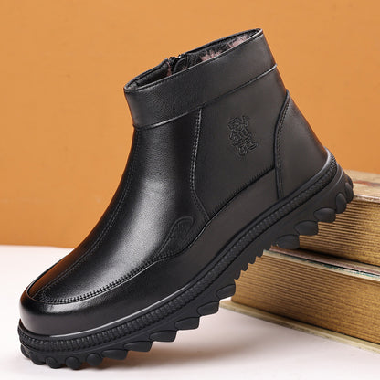 Leather Thick-Sole Fleece-Lined Ankle Boots