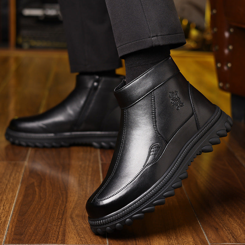 Leather Thick-Sole Fleece-Lined Ankle Boots