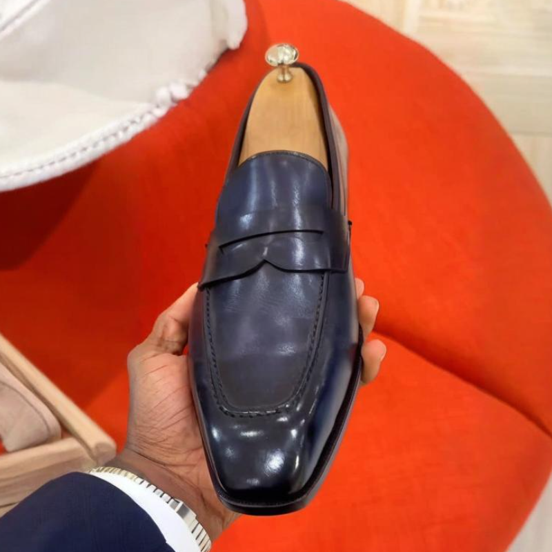 Handcrafted Navy Blue Genuine Leather Loafers