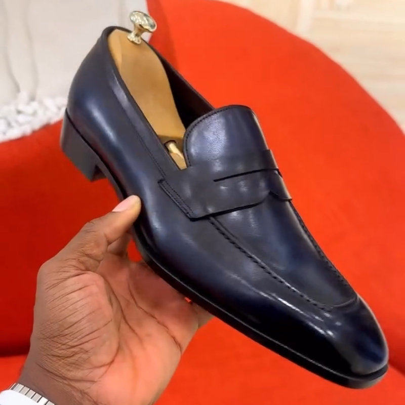 Handcrafted Navy Blue Genuine Leather Loafers