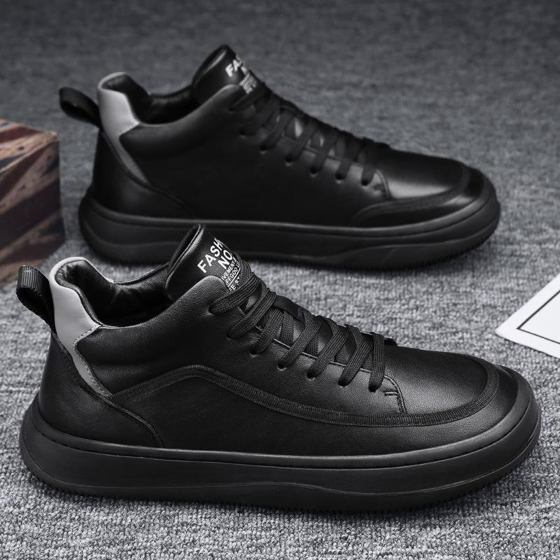 Men's Thick-soled Genuine Leather Mid-top Casual Shoes