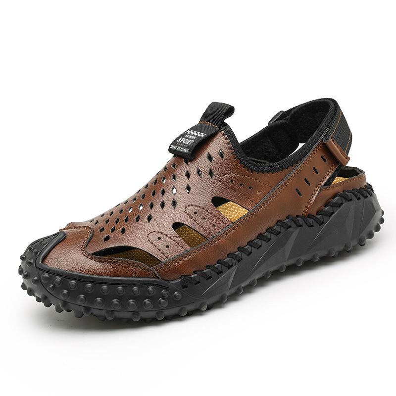 Men's Hollow Breathable Outdoor Beach Wear-resistant Leather Sandals