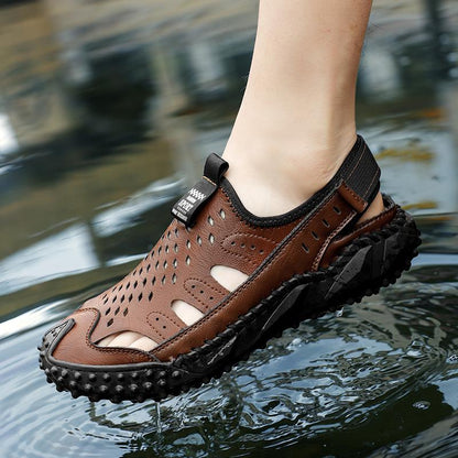 Men's Hollow Breathable Outdoor Beach Wear-resistant Leather Sandals