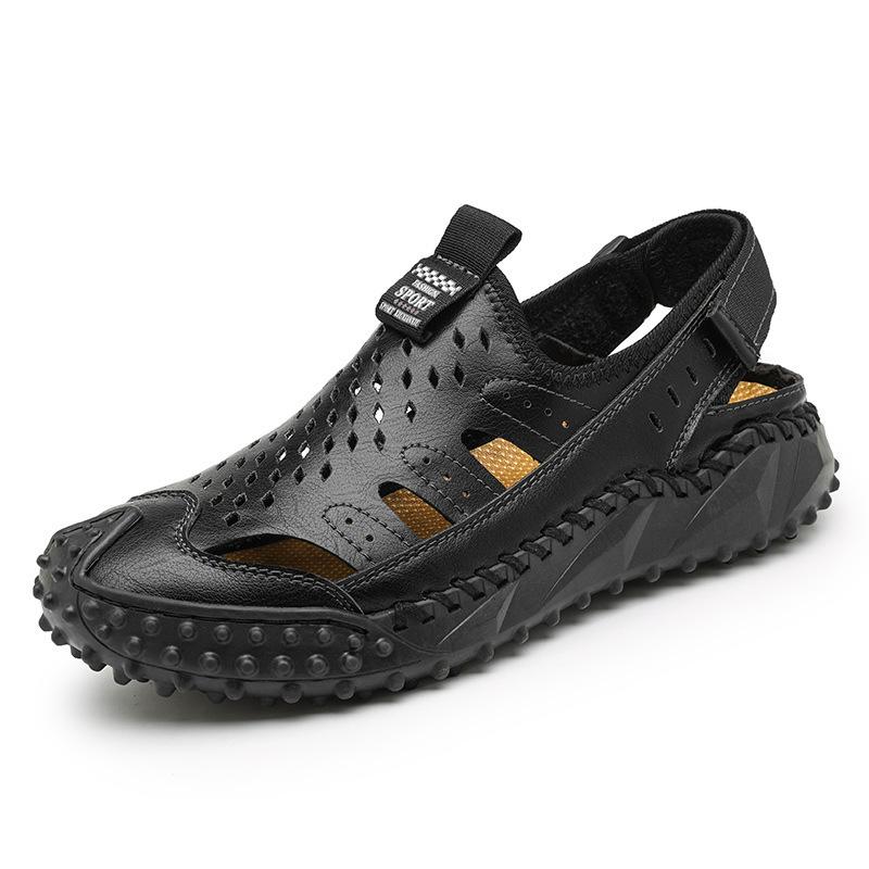 Men's Hollow Breathable Outdoor Beach Wear-resistant Leather Sandals