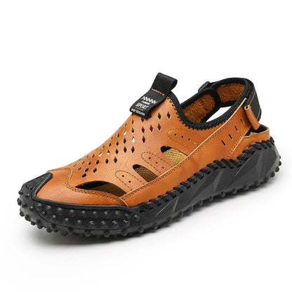 Men's Hollow Breathable Outdoor Beach Wear-resistant Leather Sandals